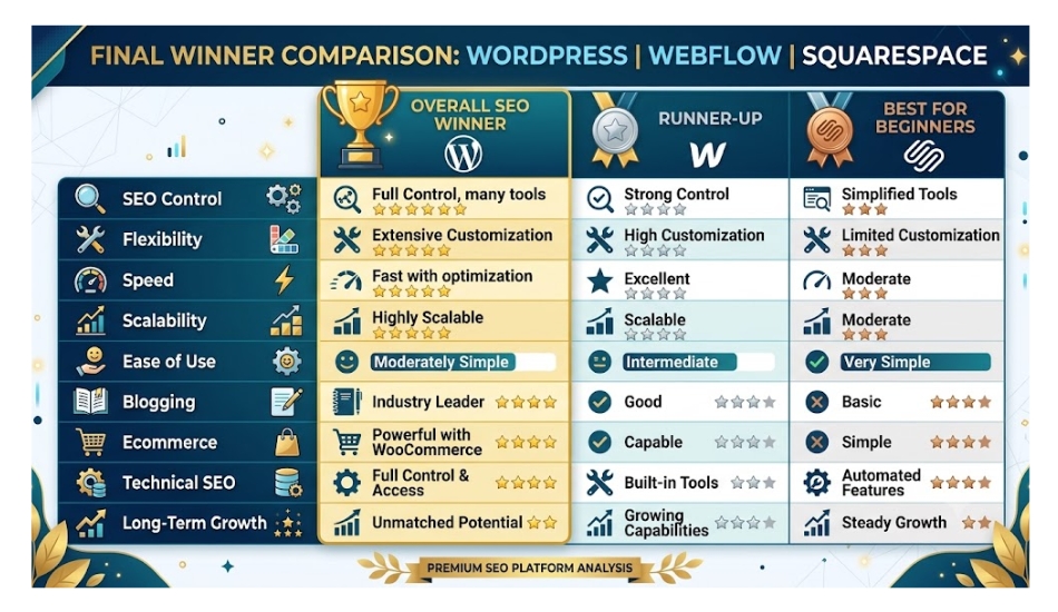 WordPress vs Webflow vs Squarespace SEO: Which Wins for SEO